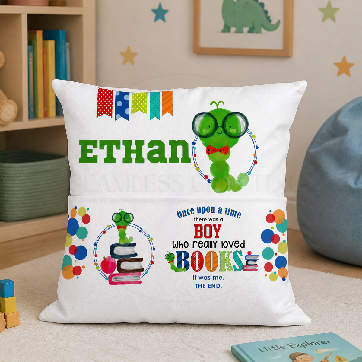 Personalised bookworm reading cushion with front book pocket and colourful children's design