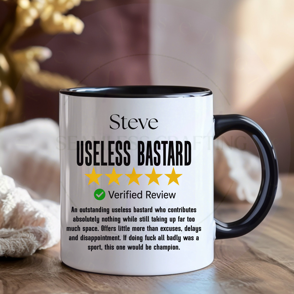 Useless Bastard funny rude white ceramic mug with five-star verified review