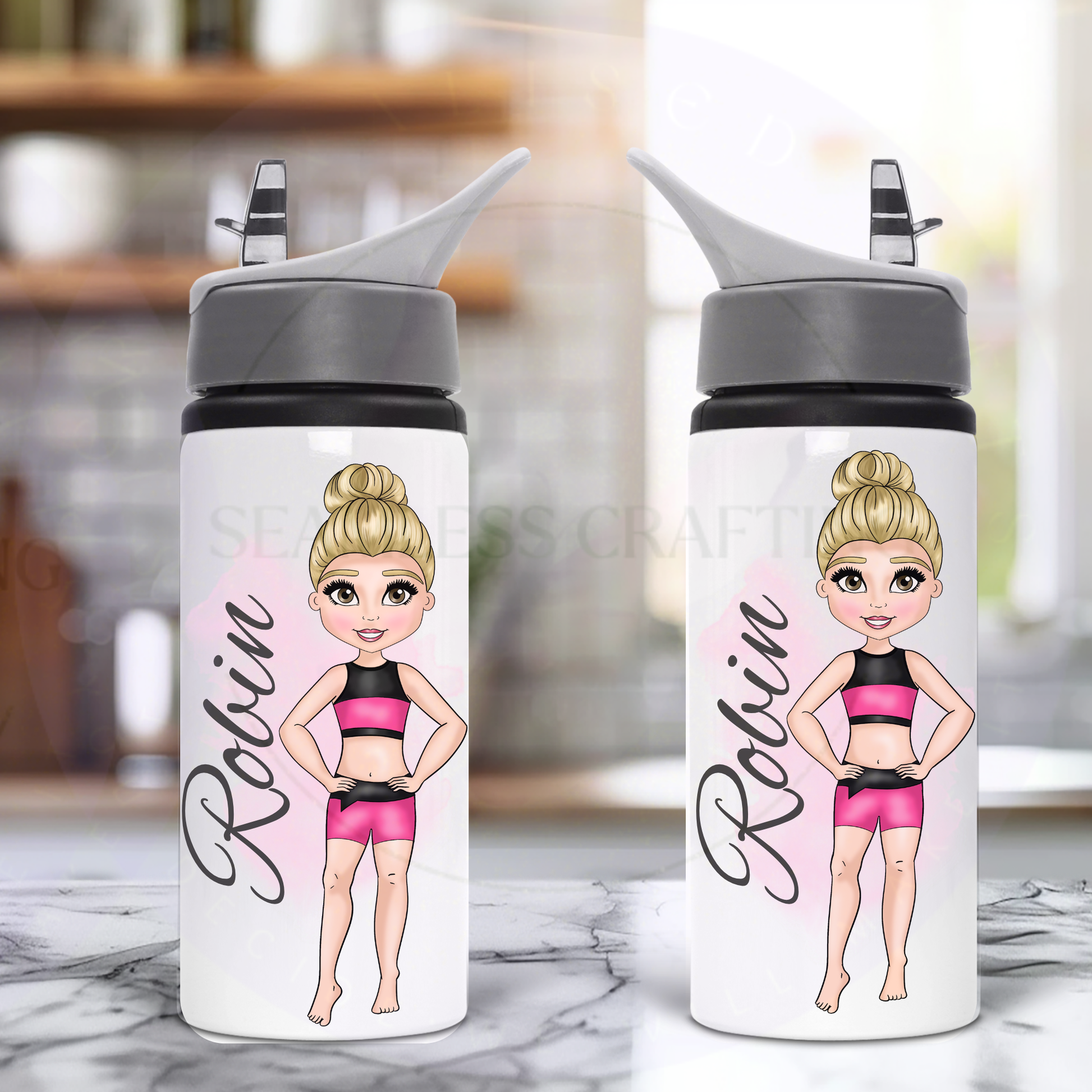 Two personalised acro dancer bottles showing blonde characters in matching pink and black dance kits