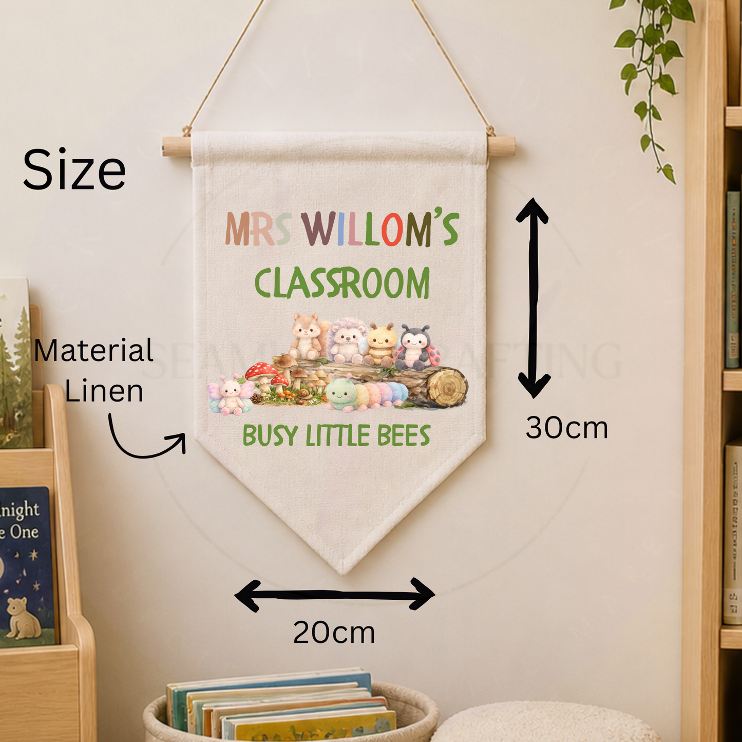 Personalised teacher banner size guide showing approx 20 cm by 30 cm linen material