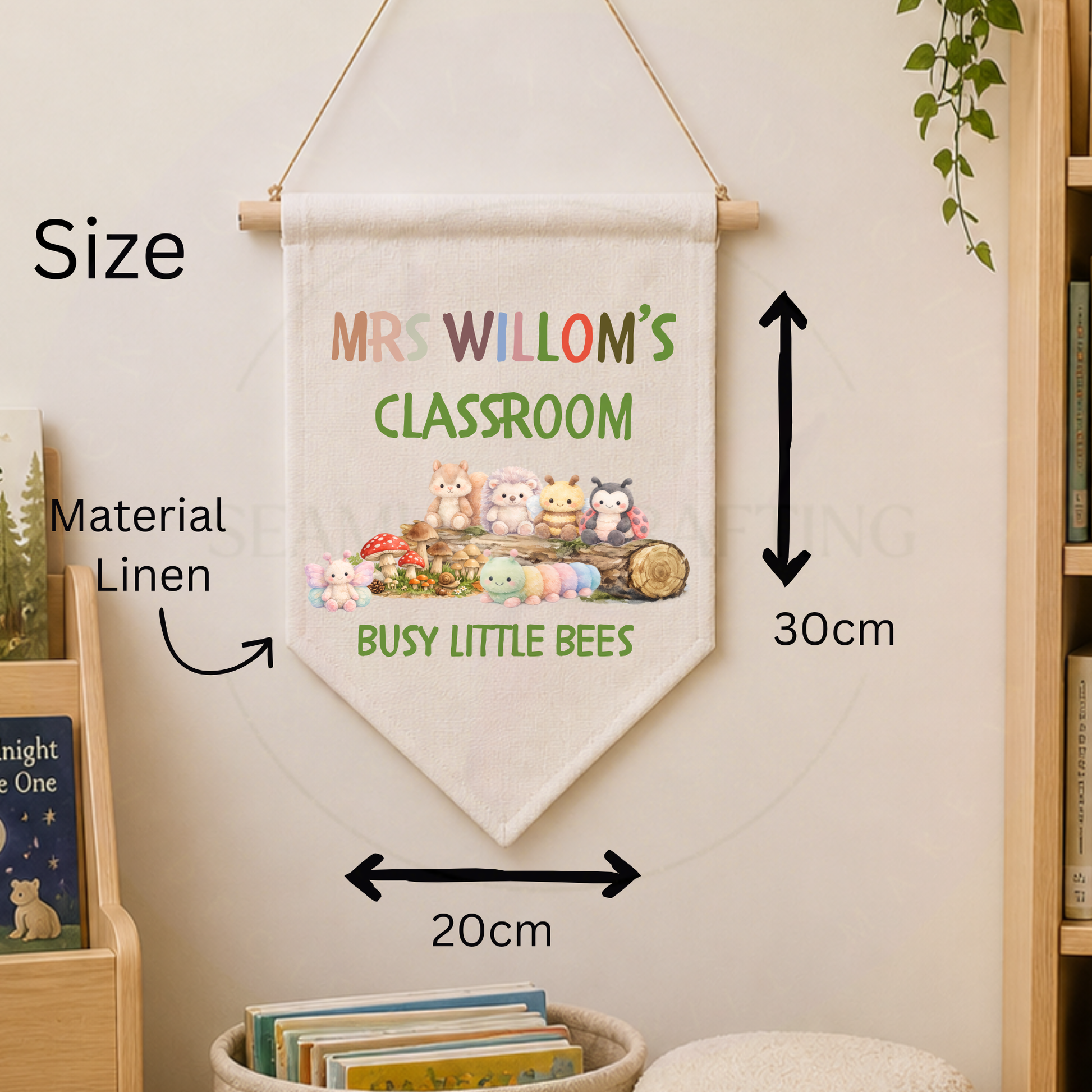 Personalised teacher banner size guide showing approx 20 cm by 30 cm linen material