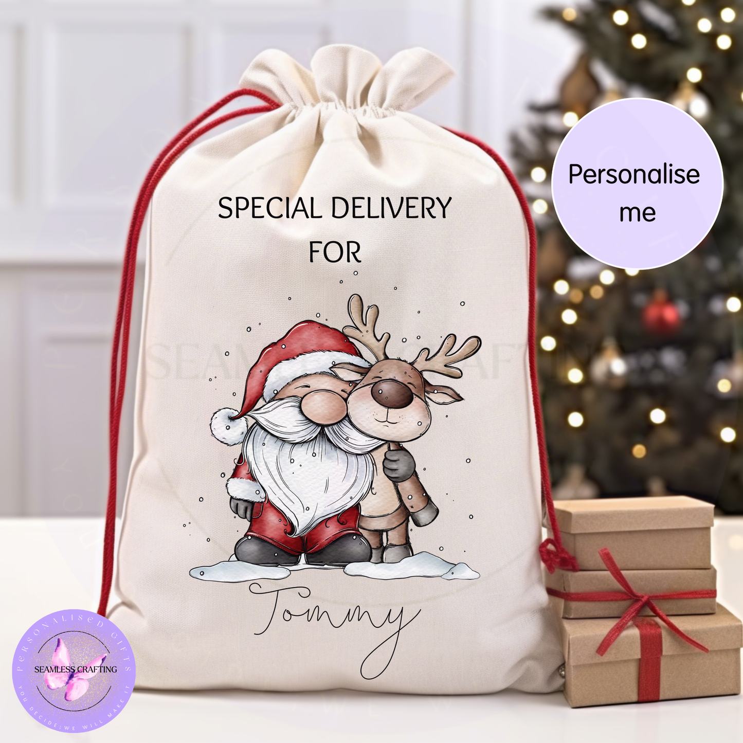 Personalised Christmas Santa Sack – Santa Gnome & Reindeer Design, Custom Name, Small & Large