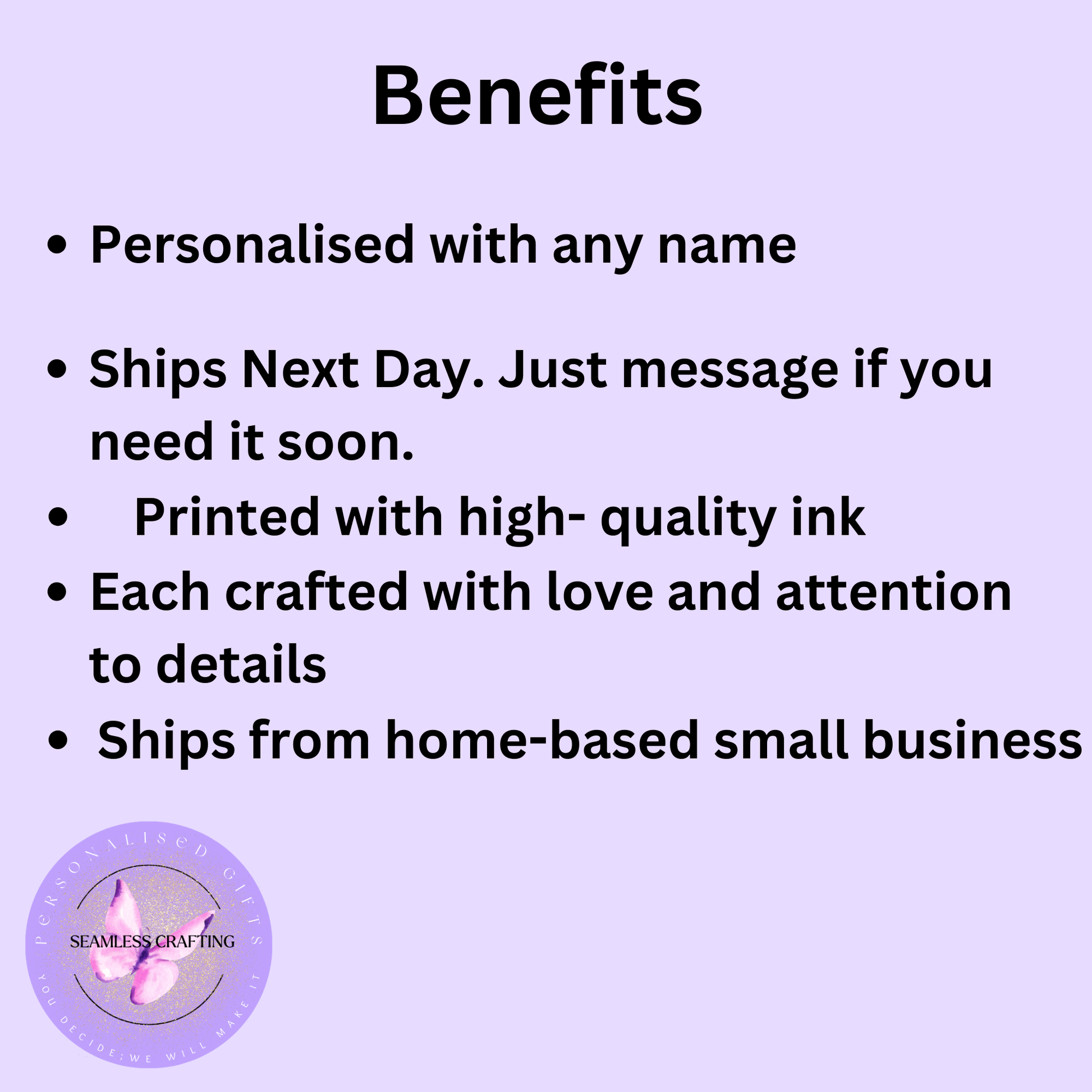 Benefits of personalised gothic reading cushion including custom name, next day shipping, high quality ink printing and handmade UK small business