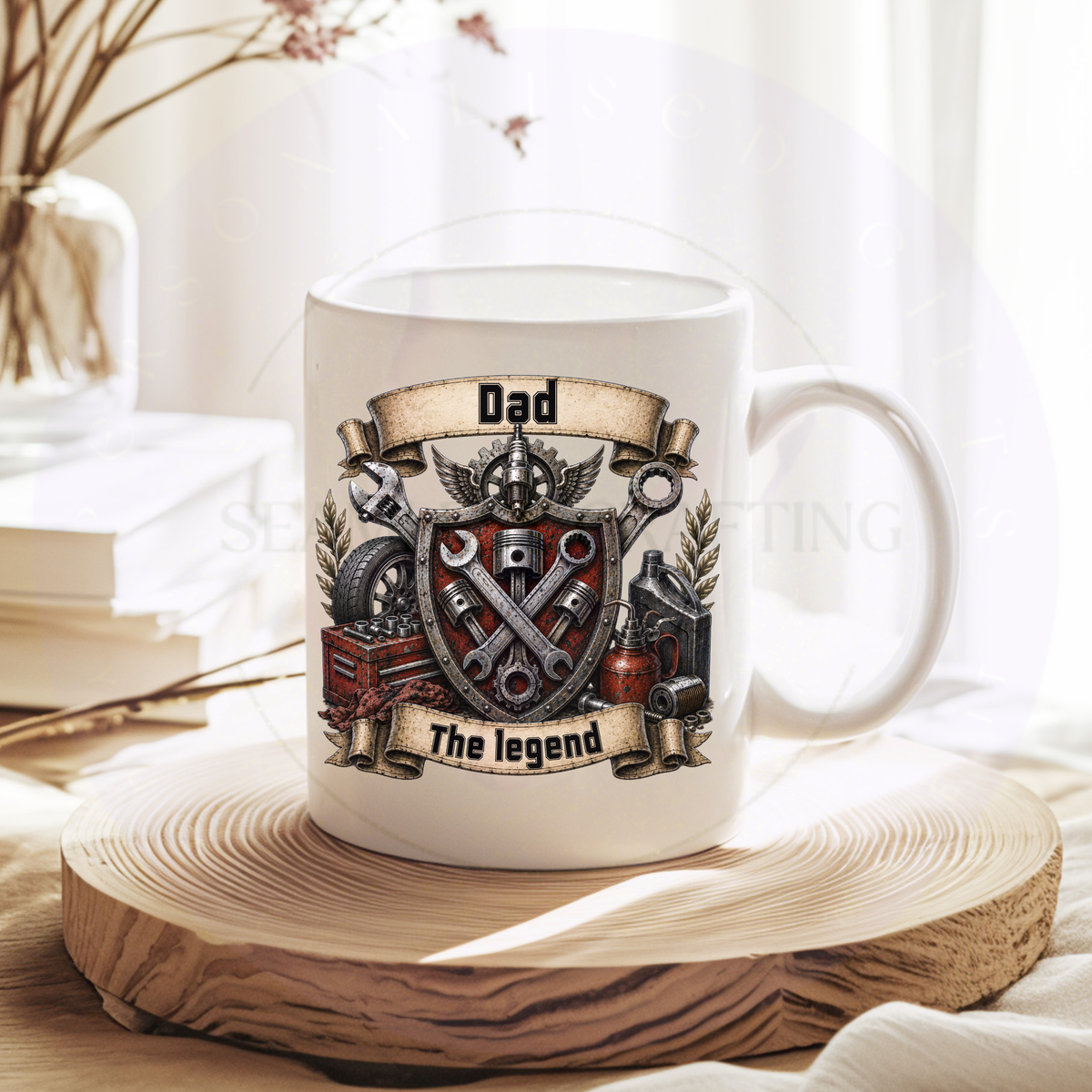 White personalised mechanic mug with Dad above a vintage tool shield and The Legend underneath