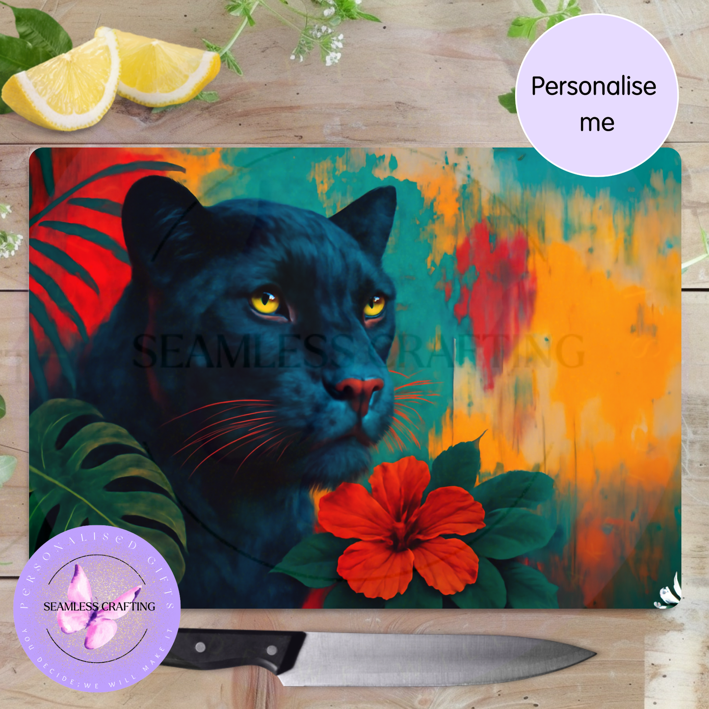 Personalised Black Panther Glass Chopping Board – Custom Name Worktop Saver – Animal Kitchen Gift for Dad, Unique Home Decor