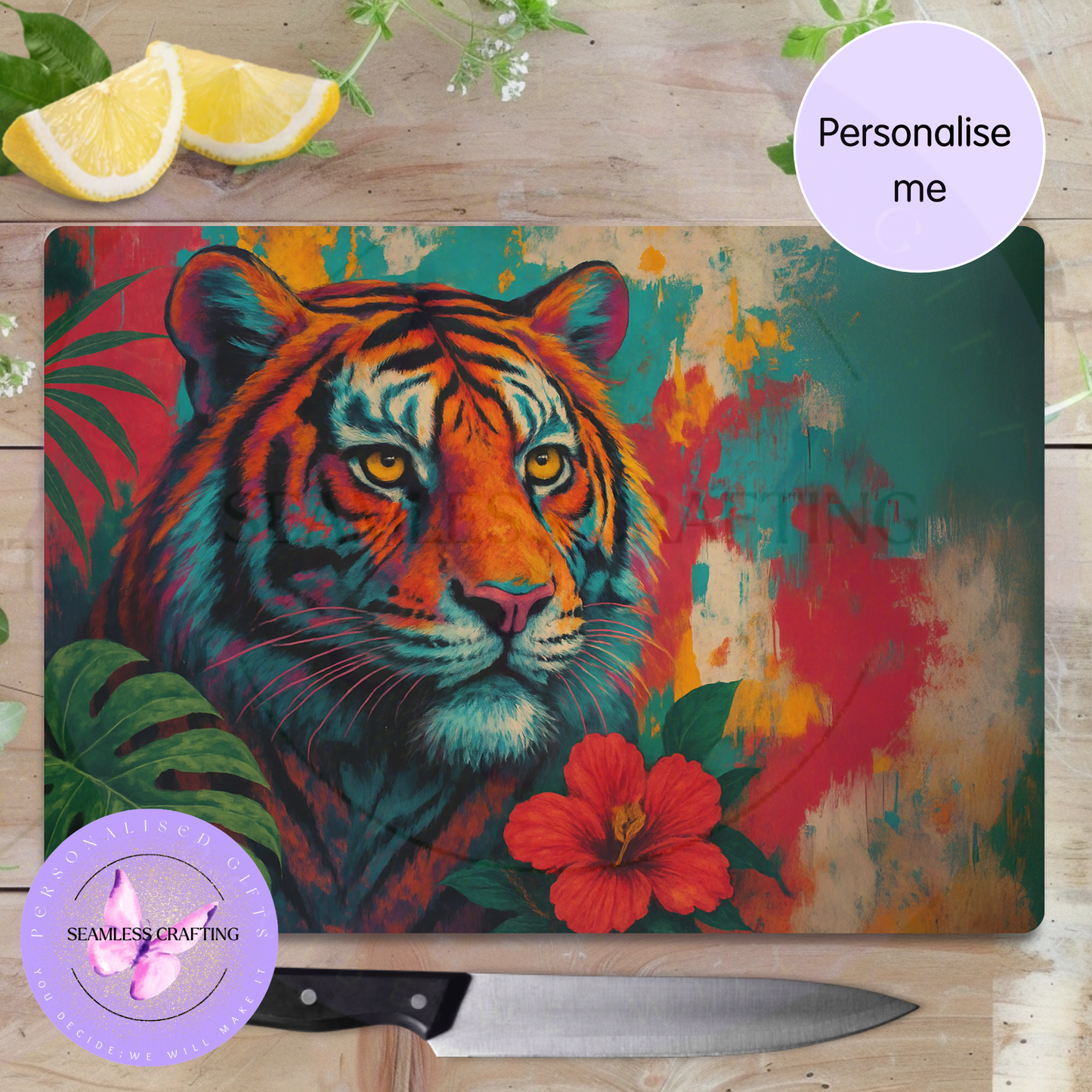 tempered glass chopping board personalised with name tiger artwork