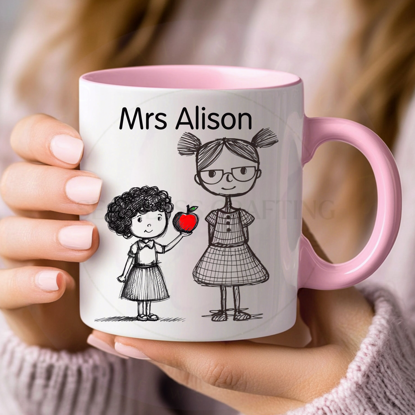 teacher mug pink handle custom illustration