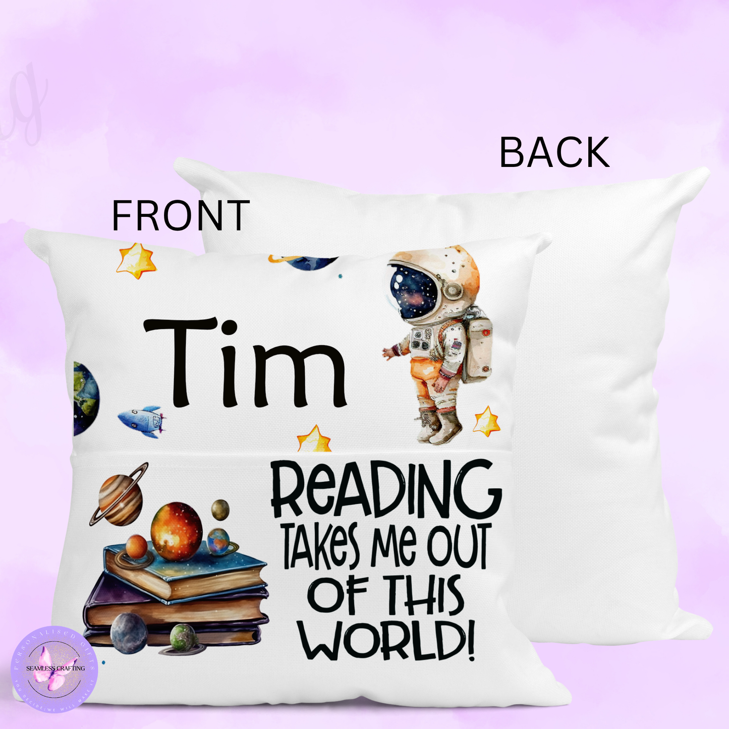 Personalised Space Reading Cushion – Boys & Girls Astronaut Book Pillow with Pocket | Custom Name Galaxy Gift (40cm)