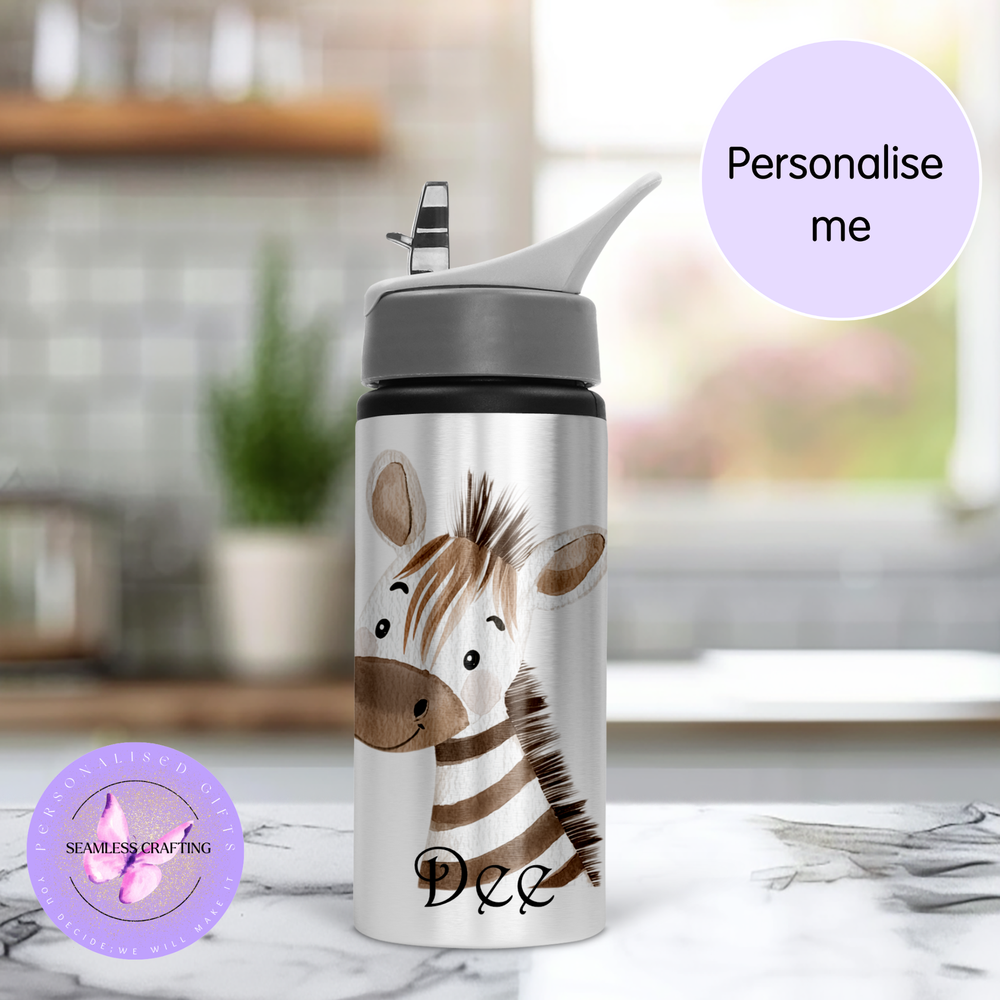 Water bottle with zebra design and 'Personalise me' text on a kitchen counter.