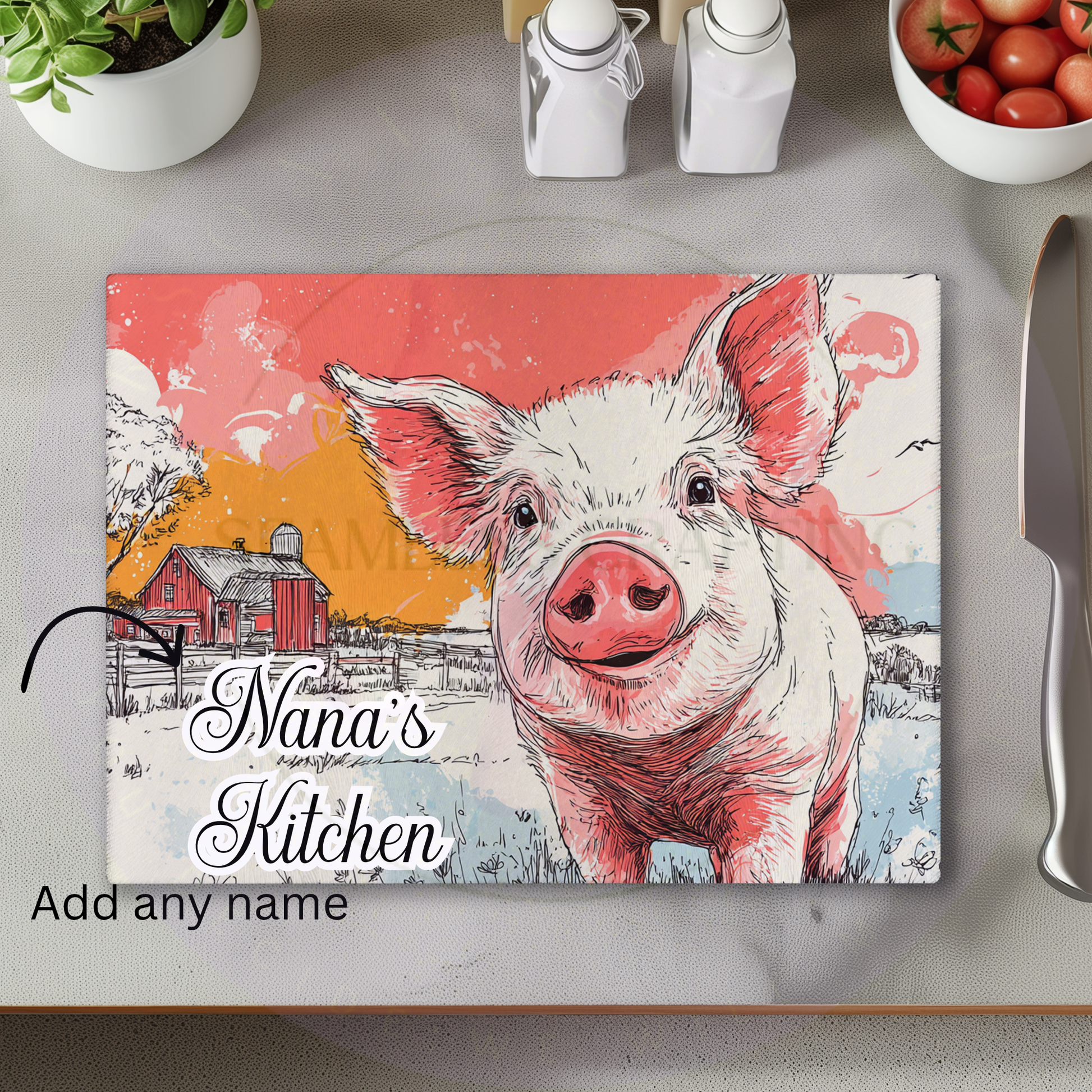 Personalised pig glass chopping board farmhouse kitchen decor custom name worktop saver