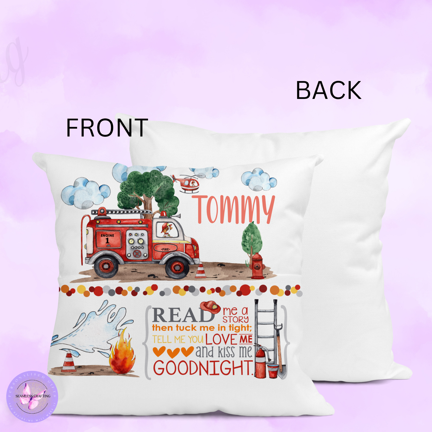 Personalised Fire Engine Reading Cushion – Custom Name Firefighter Book Pillow with Pocket | Boys Fire Truck Bedroom Gift (40cm)