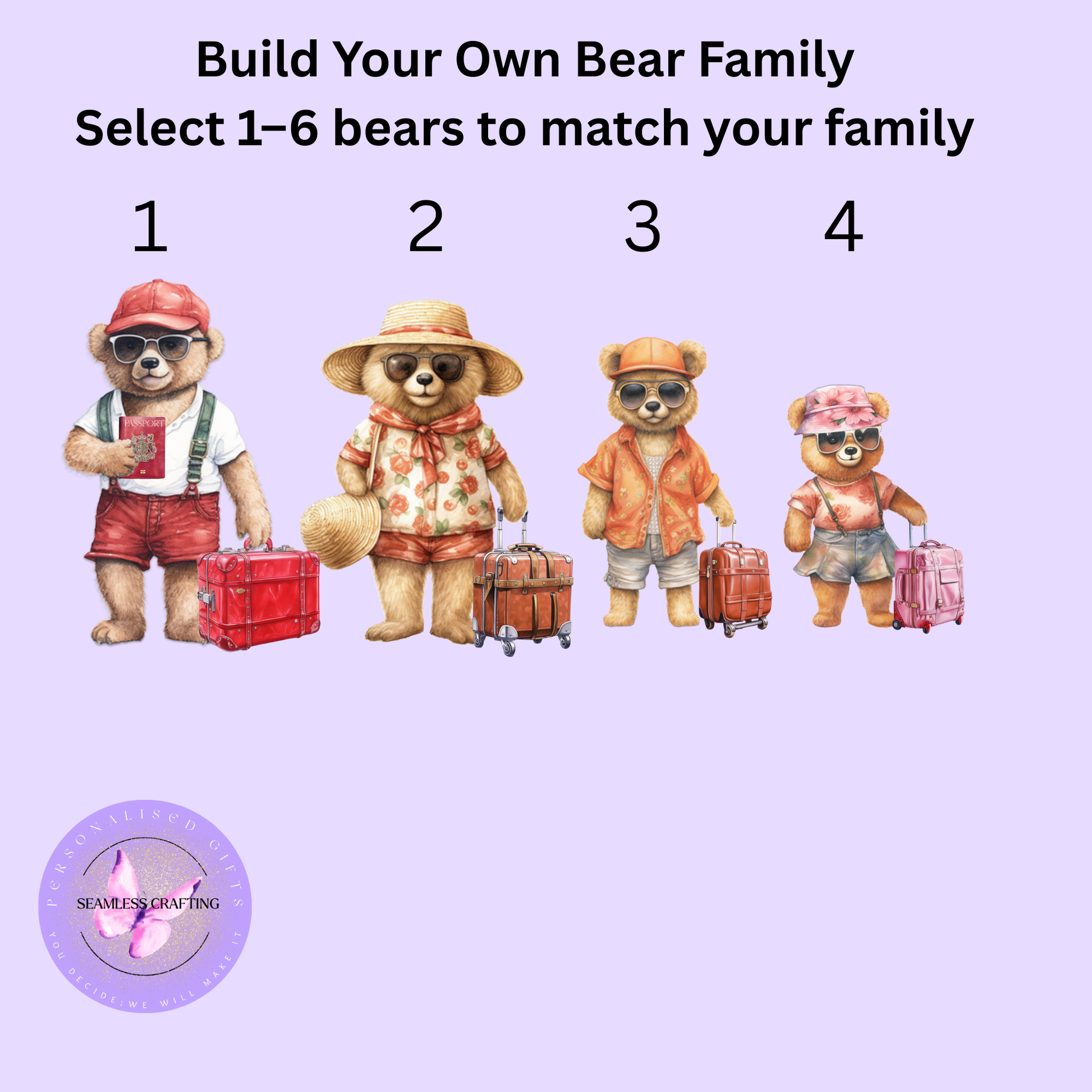 Four teddy bears with accessories on a purple background, promoting 'Build Your Own Bear Family' selection.