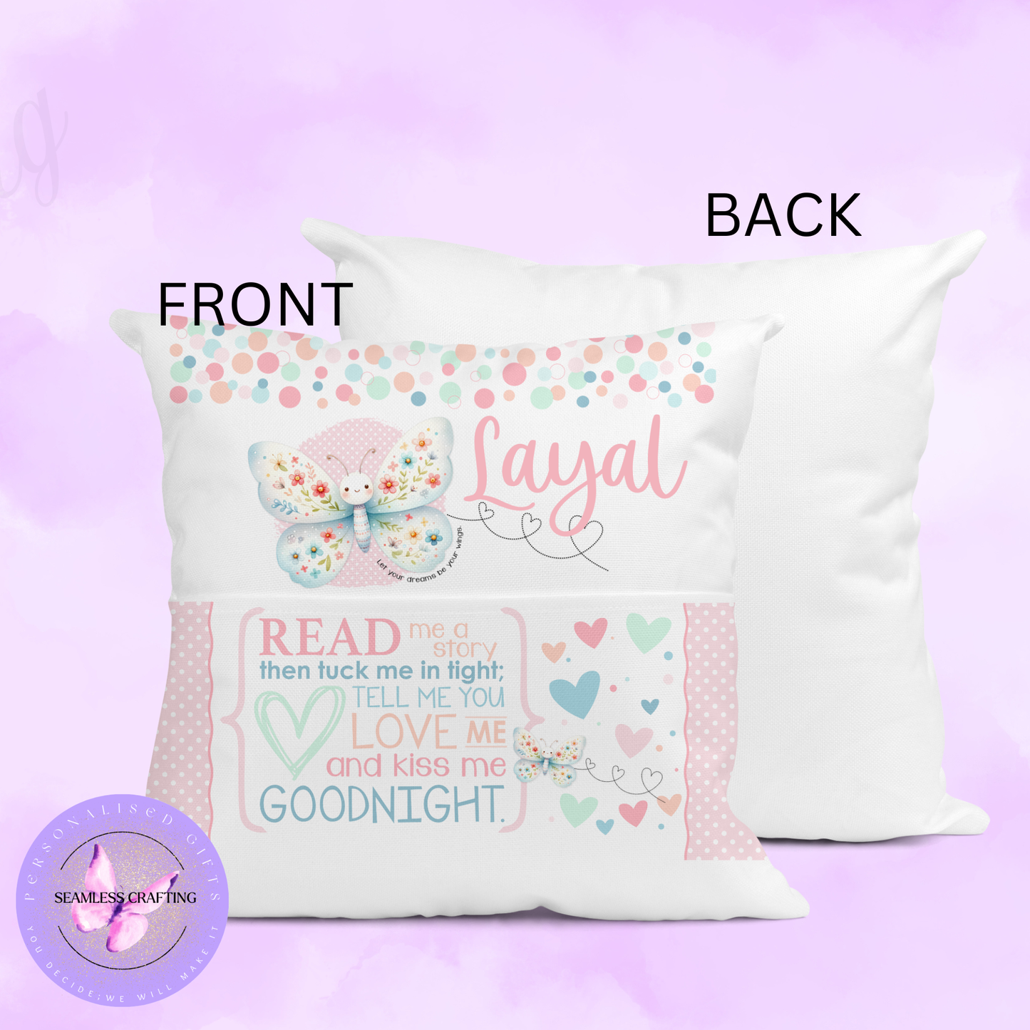 Personalised Butterfly Reading Cushion with Pocket – Girls Custom Name Story Pillow | 40cm Book Cushion Gift