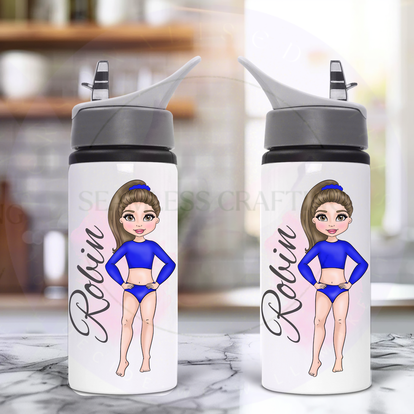 Two personalised dancer water bottles showing a brown-haired character in a royal blue dance kit