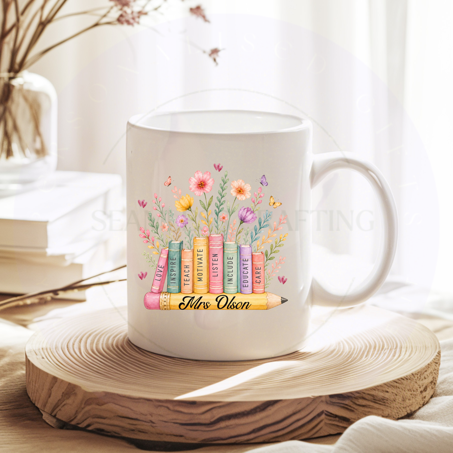 Personalised teacher thank you mug with floral bookshelf design, available in white, pink or black handle