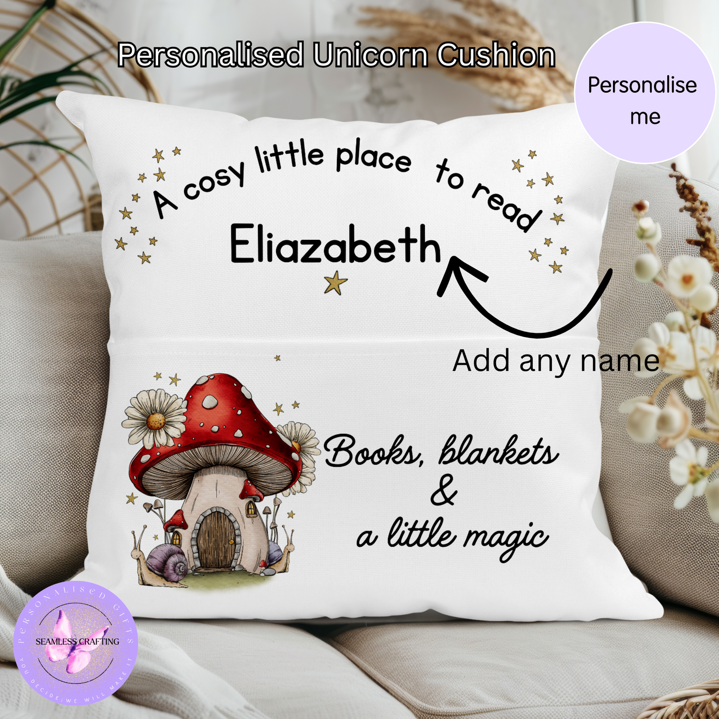 Custom name reading cushion with cosy quote and mushroom illustration, perfect for children’s reading corner