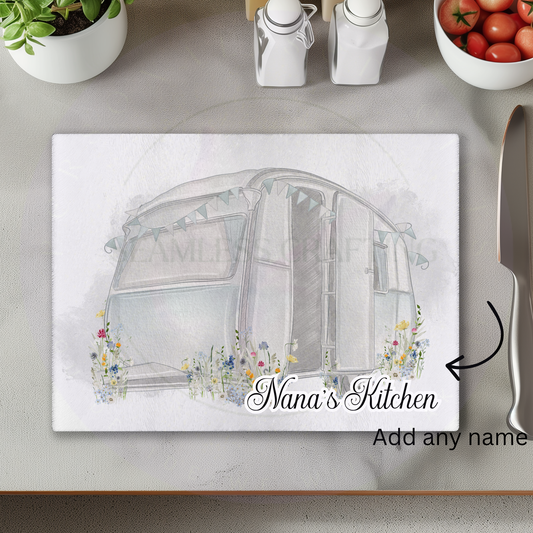 Personalised caravan chopping board with wildflower design and custom kitchen name on glass worktop saver