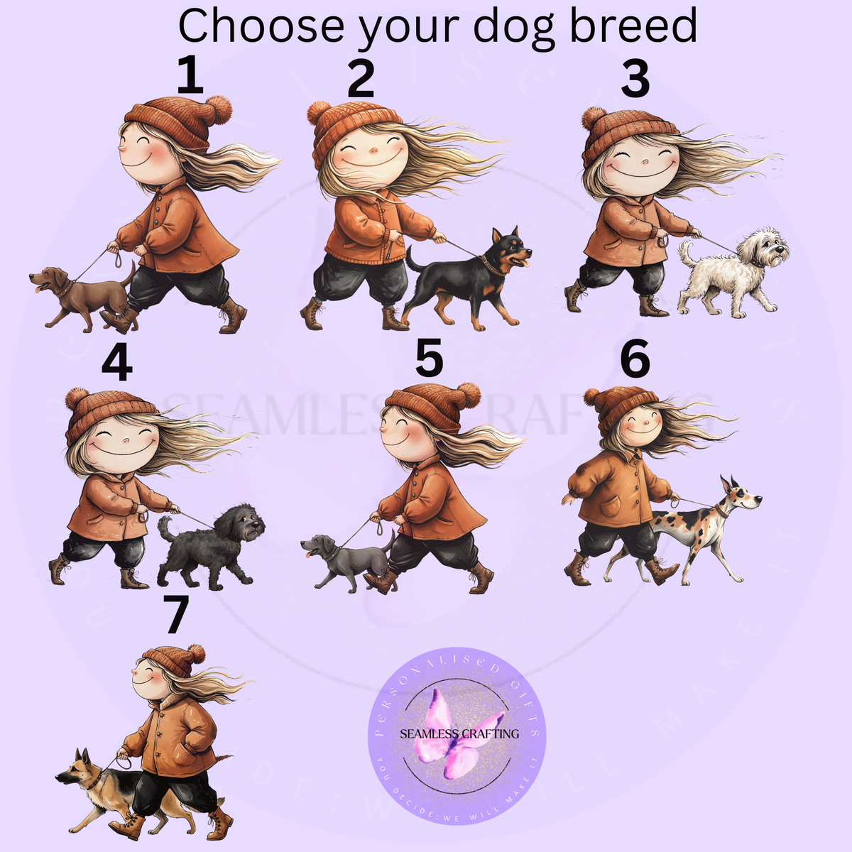 Personalised dog walker mug with girl character, dog and custom name