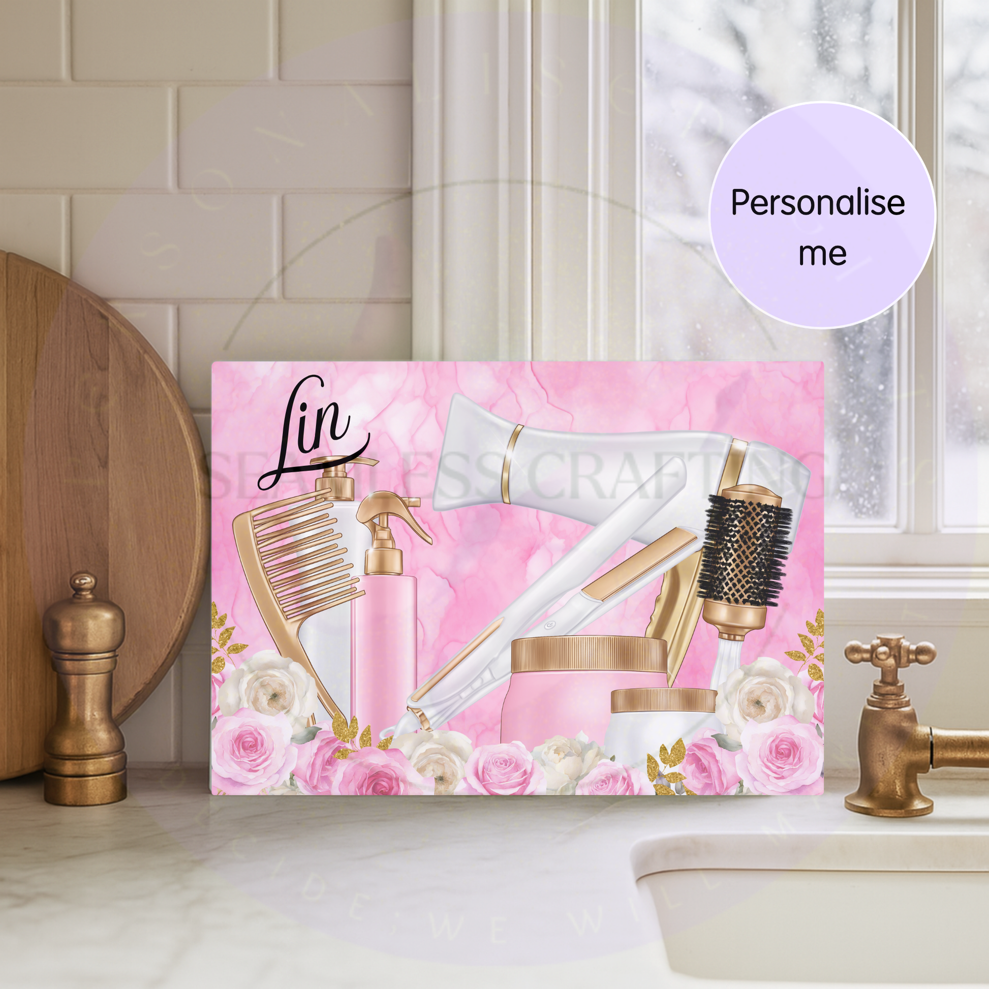 Personalised glass dressing table protector displayed beside a makeup and beauty area with custom name Lin