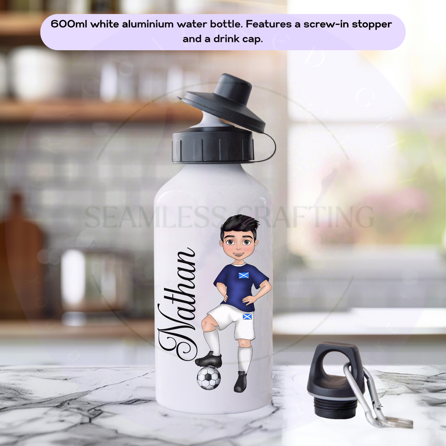 White personalised Scotland football boy school bottle with custom name Nathan and screw cap drink top