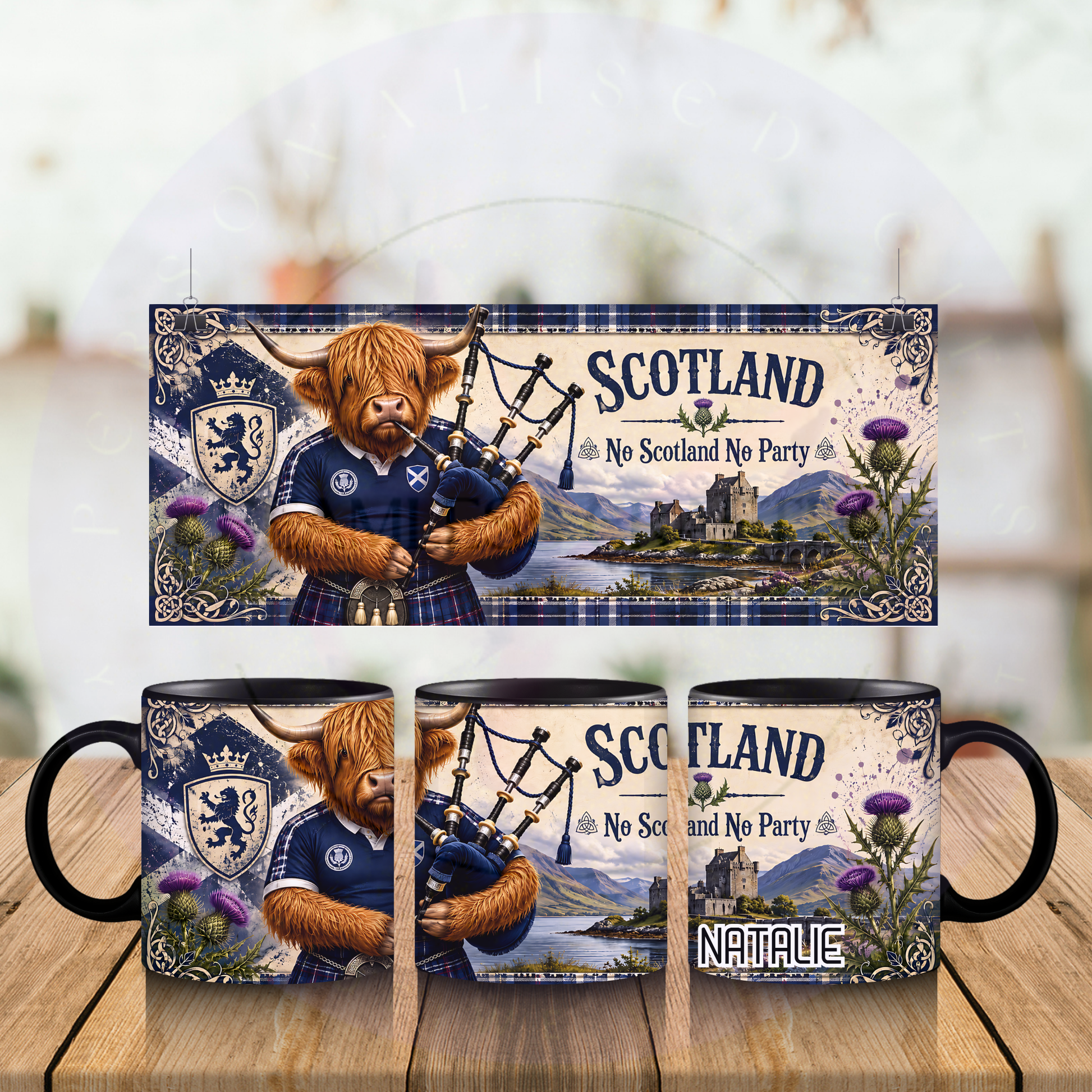 Scottish football fan mug with custom name and scenic Scotland background
