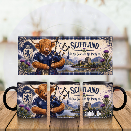Scottish football fan mug with custom name and scenic Scotland background
