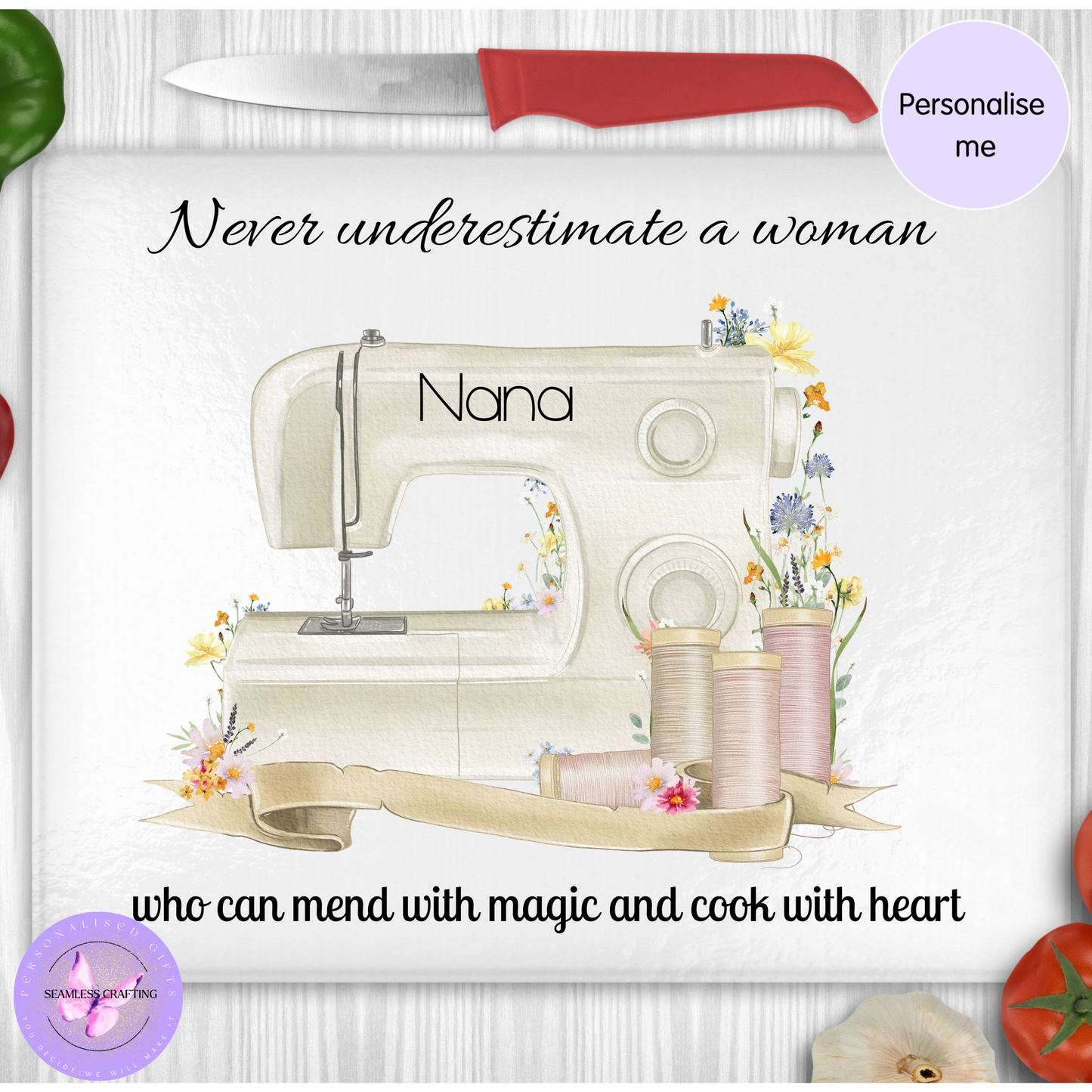 Personalised Sewing Machine Glass Chopping Board – Never Underestimate a Woman – Custom Name Kitchen Board Gift