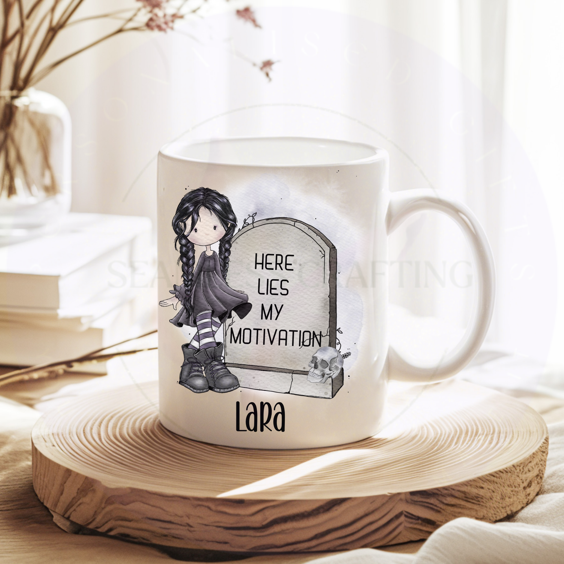 White ceramic custom name mug on wooden tray with gothic girl artwork and gravestone quote design