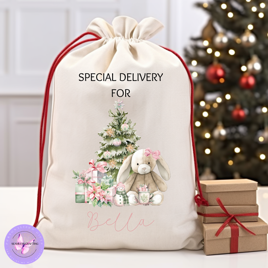 Personalised Bunny Rabbit Christmas Santa Sack – Custom Name Linen Gift Bag for Kids