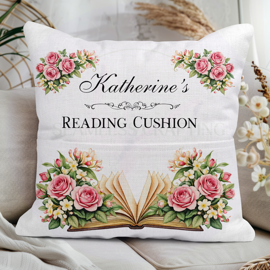 Personalised June birth flower reading cushion with rose and honeysuckle design