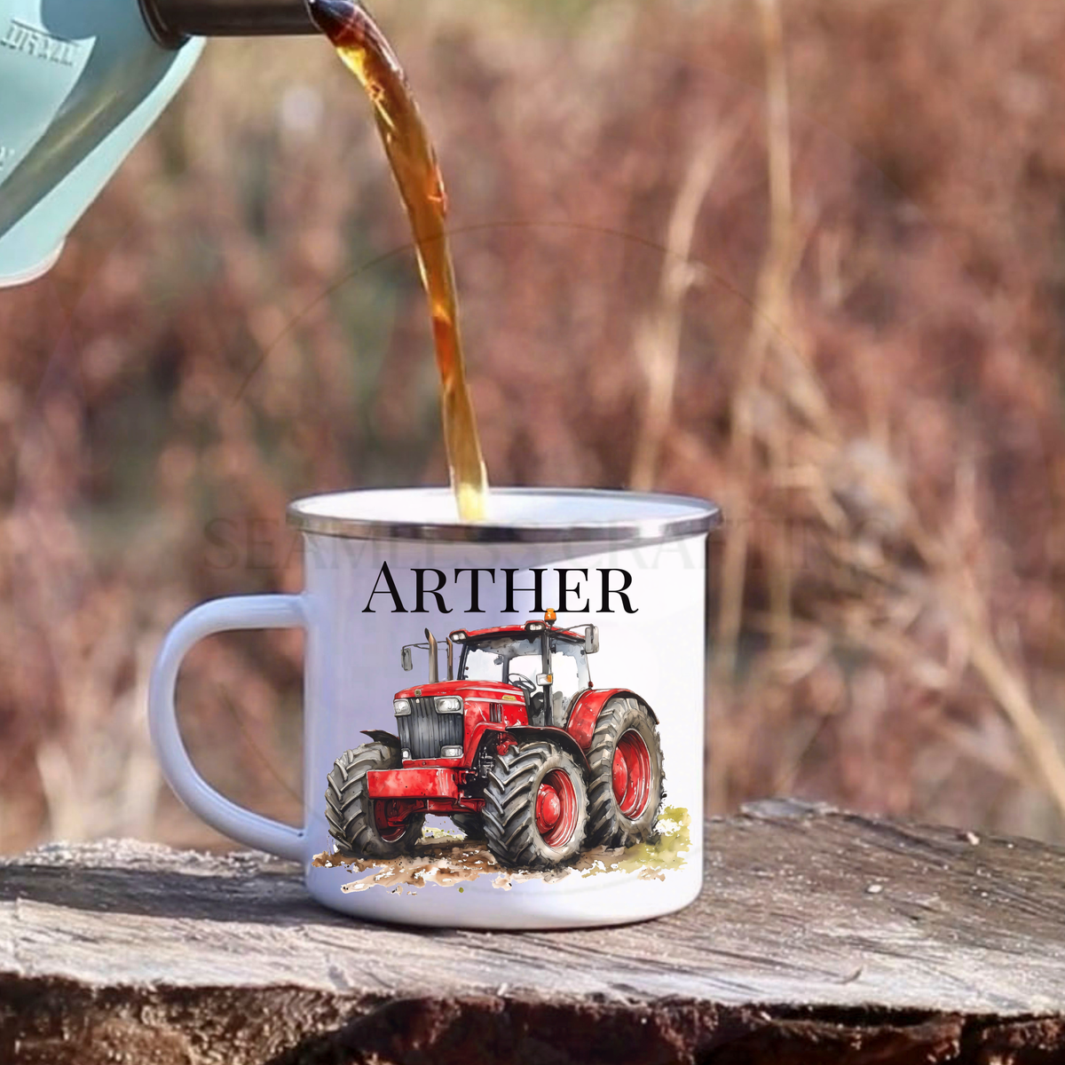 Personalised red tractor enamel camping mug with custom name