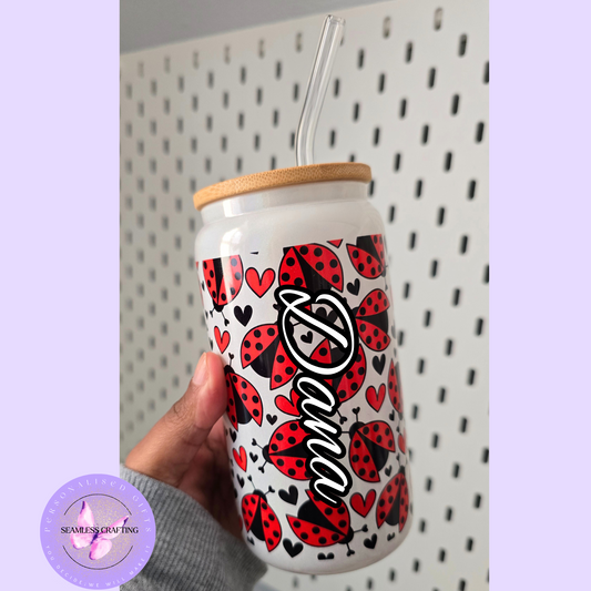 Personalised Ladybug Shimmer Glass Can Tumbler – 16oz with Bamboo Lid & Straw – Custom Name – Red or Pink Ladybug Design – Cute Gift for Her