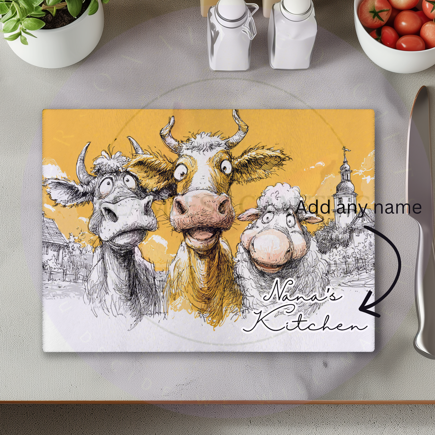 Personalised animal farm glass chopping board with cow and sheep design, custom kitchen board with family name farmhouse decor