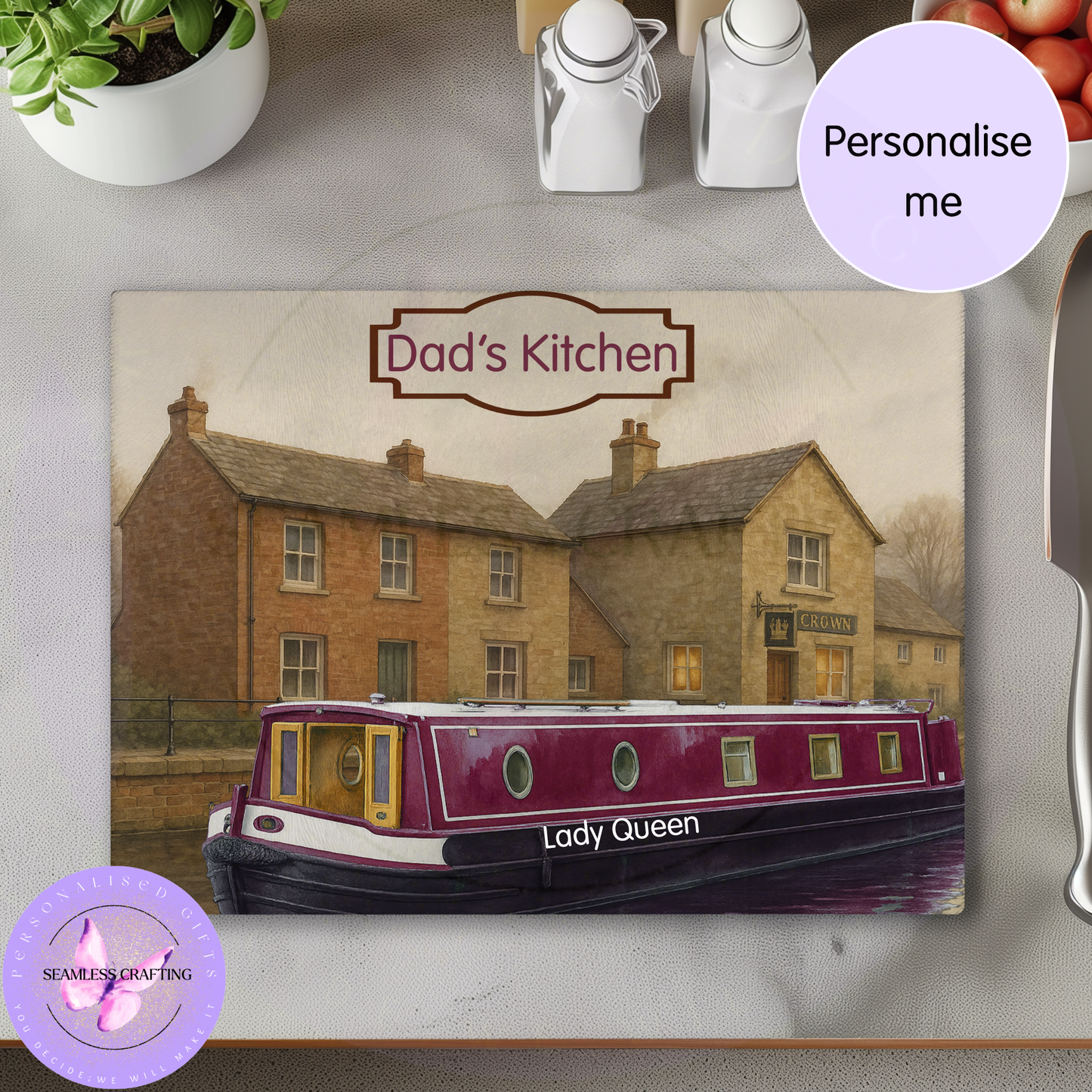 Red personalised canal boat glass chopping board with Dad’s Kitchen text