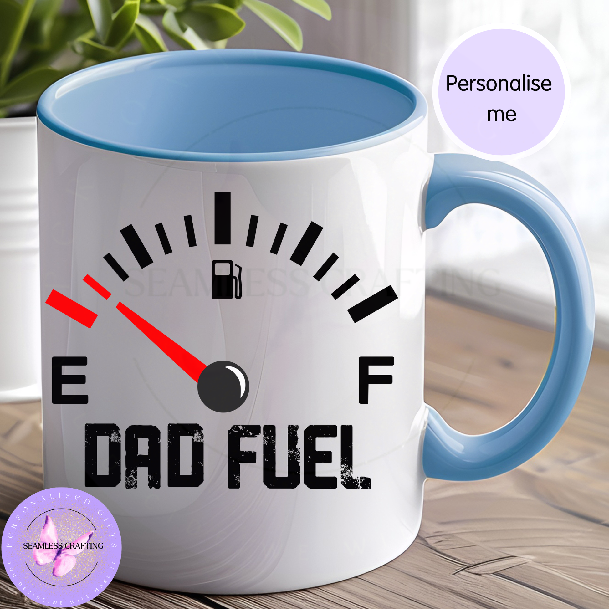 Blue handle custom mug with fuel style design
