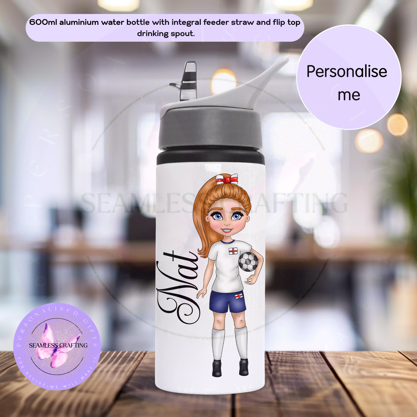 Custom football girl bottle gift for school, sports and match day use