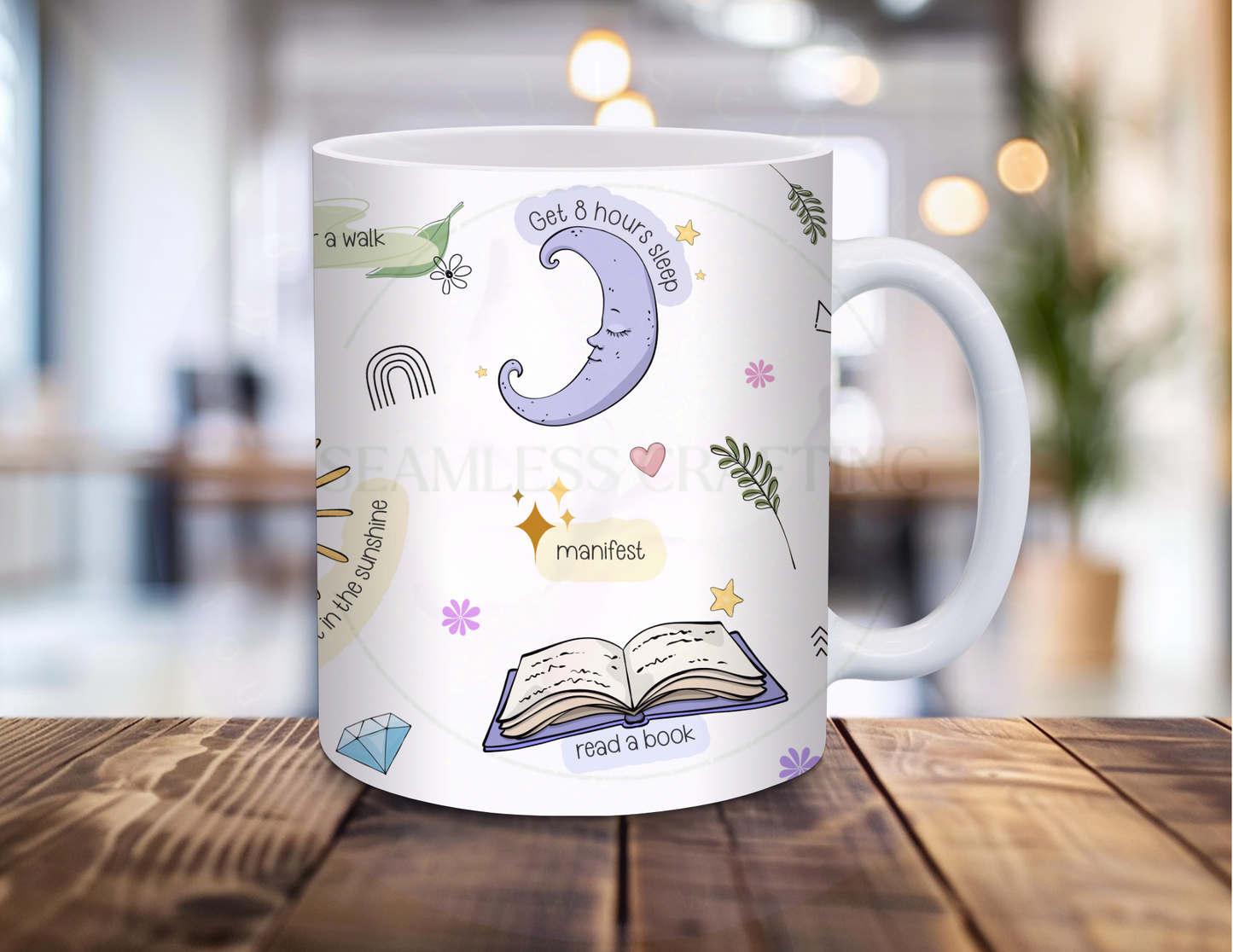 Side view of personalised self care mug with moon, book and affirmation illustrations
