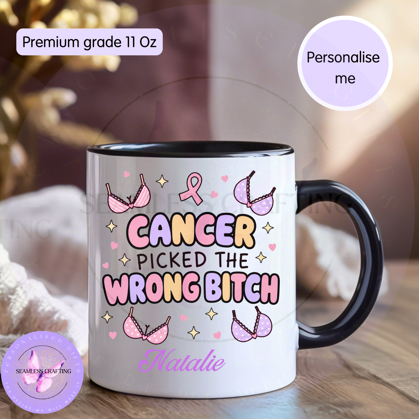 Personalised breast cancer mug with black handle, pink ribbon, bras and bold survivor quote