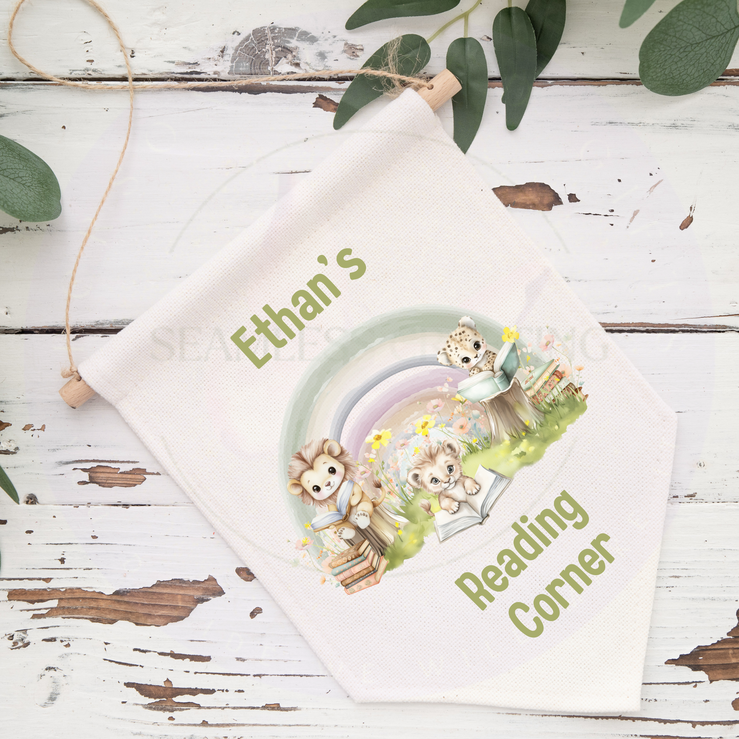 Custom name nursery decor safari animals reading nook banner