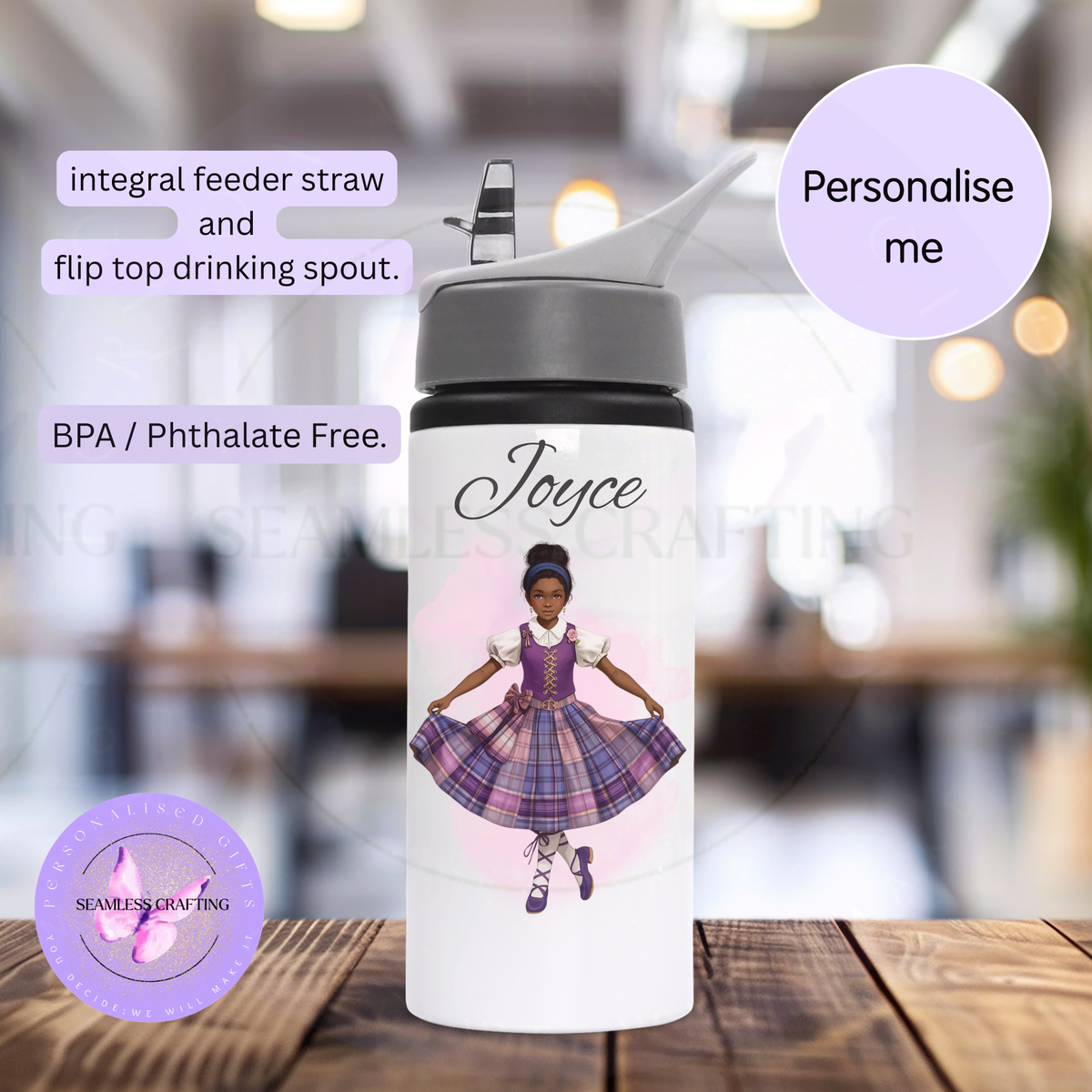 Personalised flip-top dance bottle with Joyce and a girl wearing a purple and pink tartan Highland costume