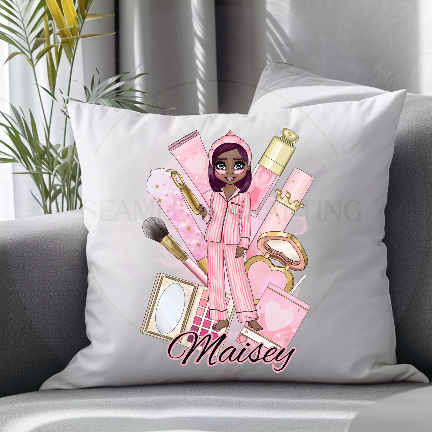 White personalised makeup cushion with the name Maisey and a custom character with purple hair
