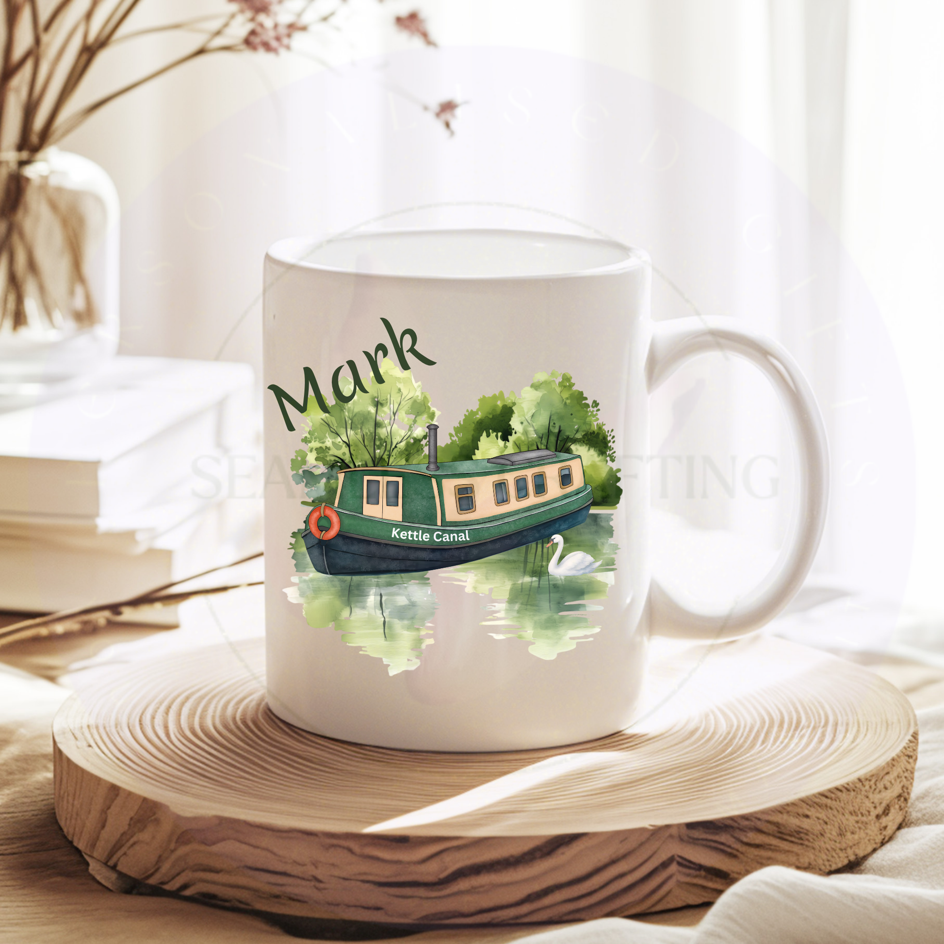 Personalised canal boat mug with watercolour narrowboat and custom name, pink handle