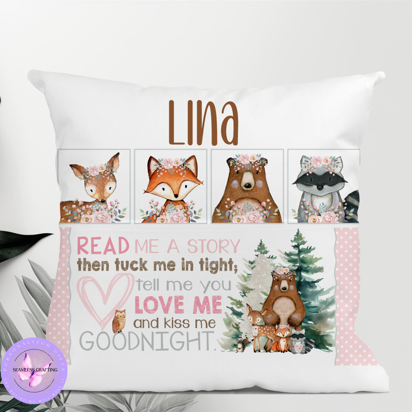 Personalised Woodland Animal Reading Cushion – Girls Custom Name Book Pillow with Pocket | Forest Animal Nursery Gift (40cm)