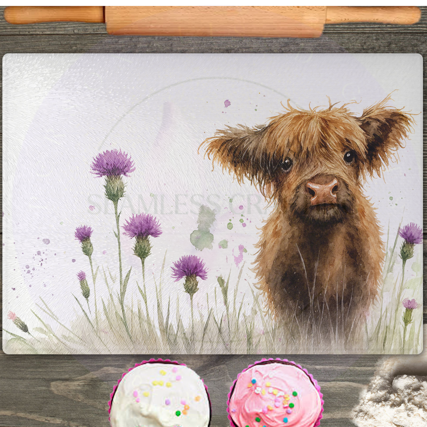 highland cow chopping board mum’s kitchen personalised glass board with thistle design