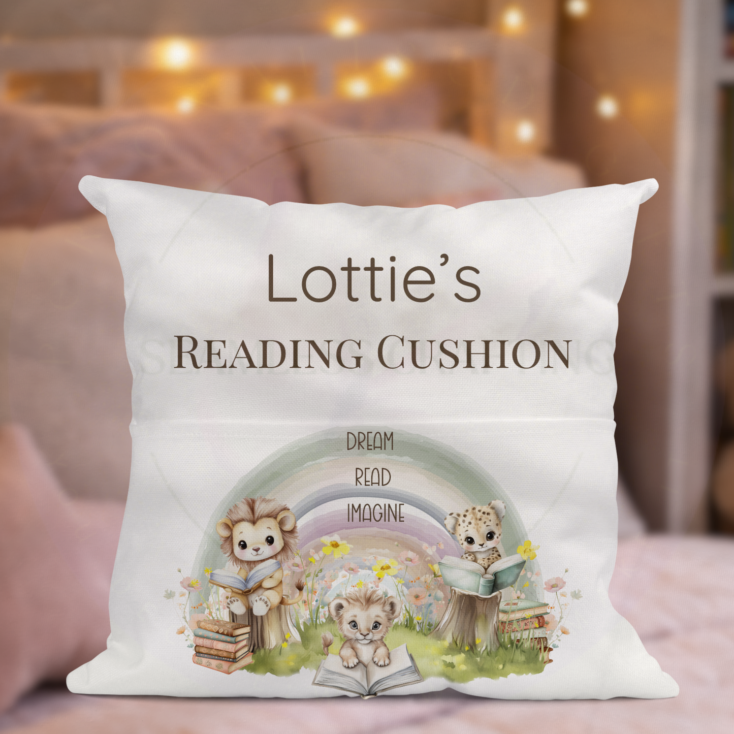 Personalised Kids Reading Cushion with Pocket | Custom Name Storytime Pillow | Lion & Animal Design Book Cushion Gift