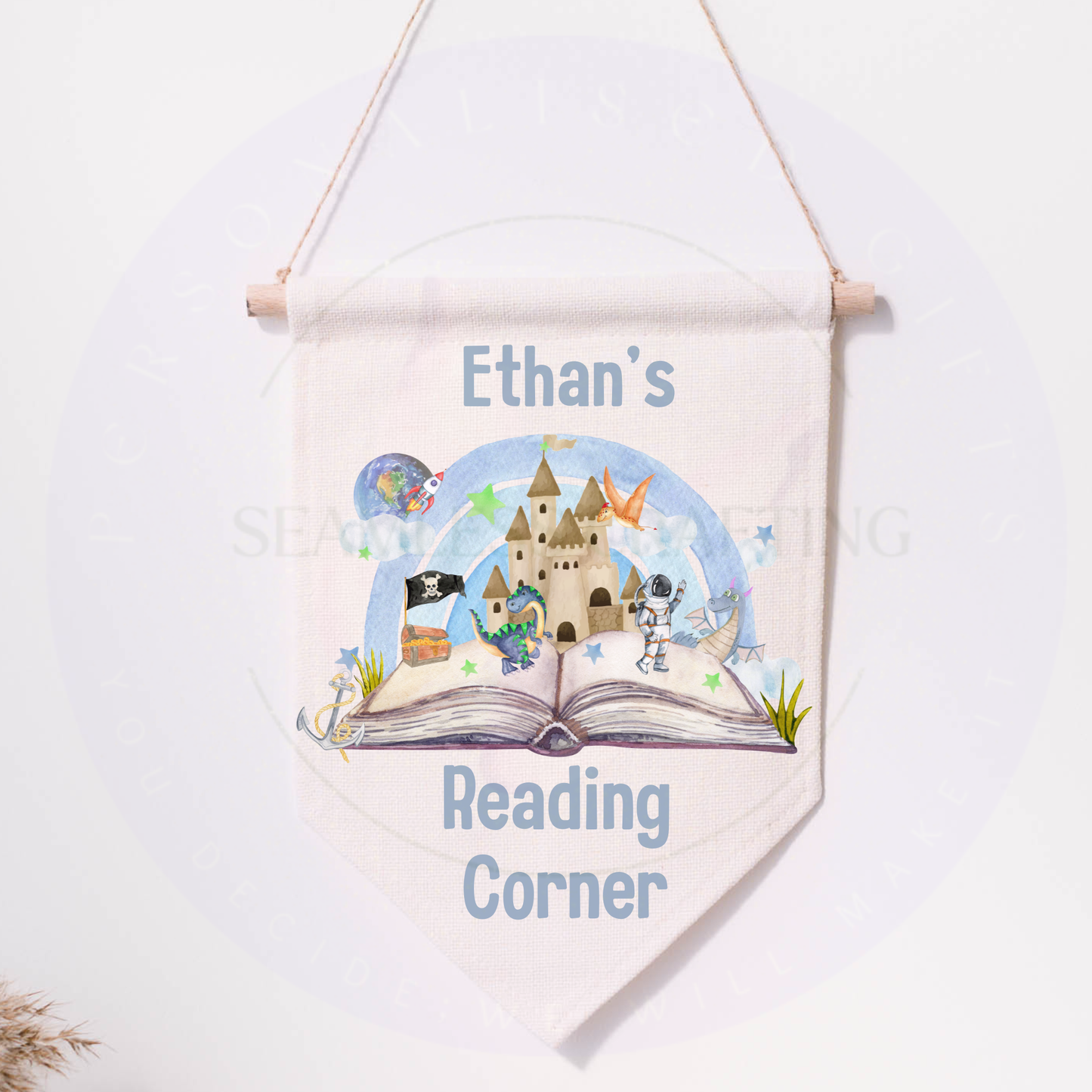 Custom name reading corner banner flat lay, children’s bedroom decor book nook sign personalised kids wall hanging