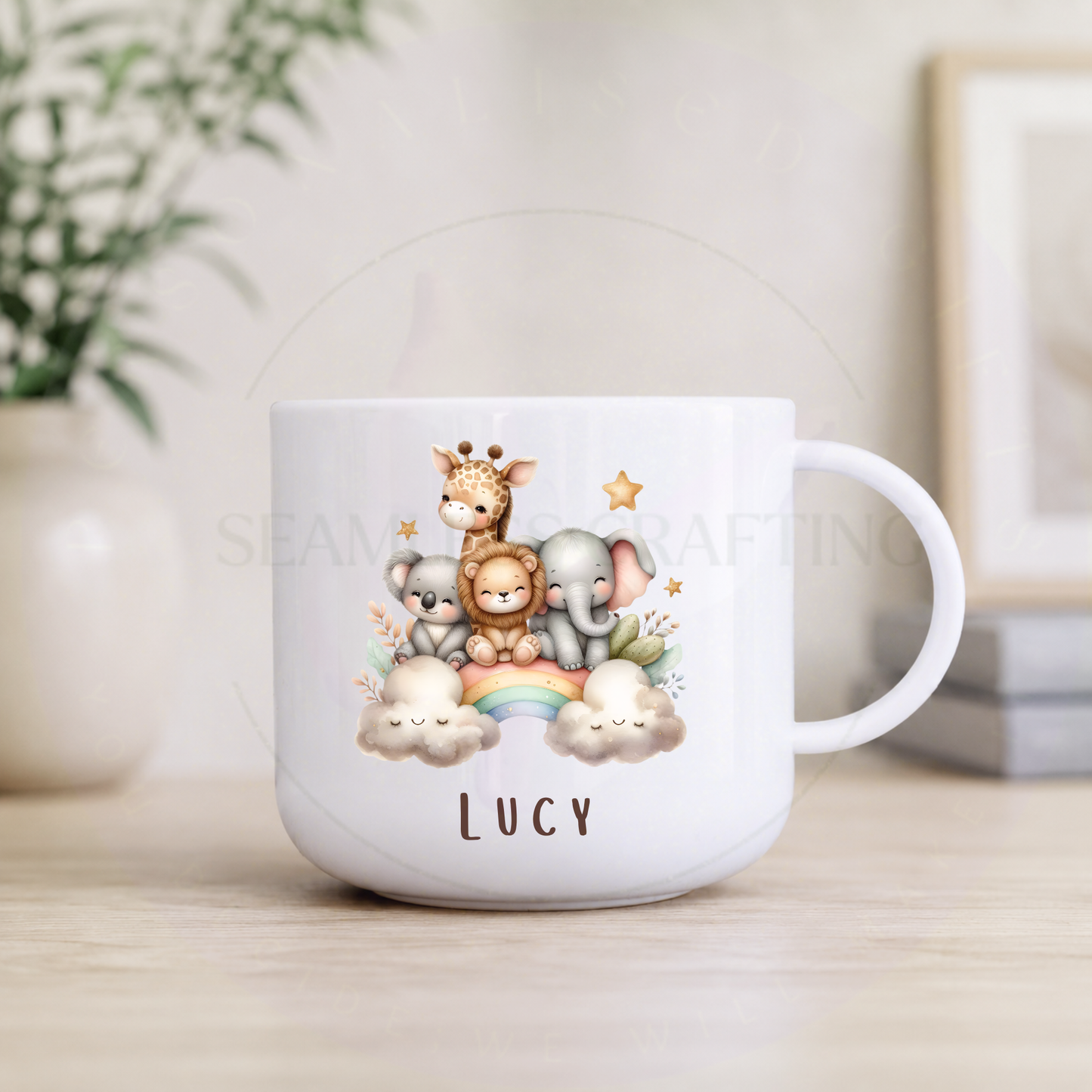 Personalised kids jungle animal mug with giraffe lion elephant koala and name Tim