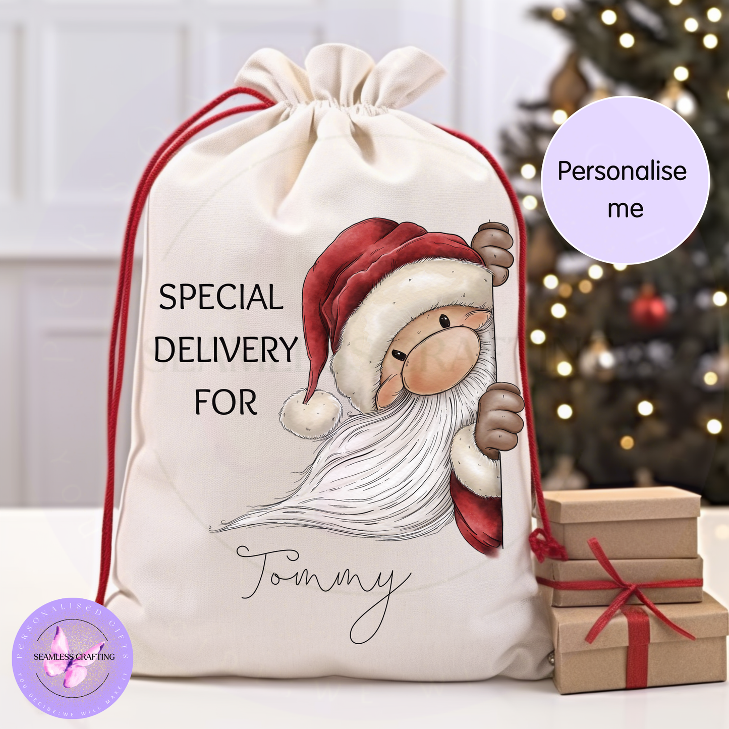 Personalised Christmas present sack with peeking Father Christmas illustration