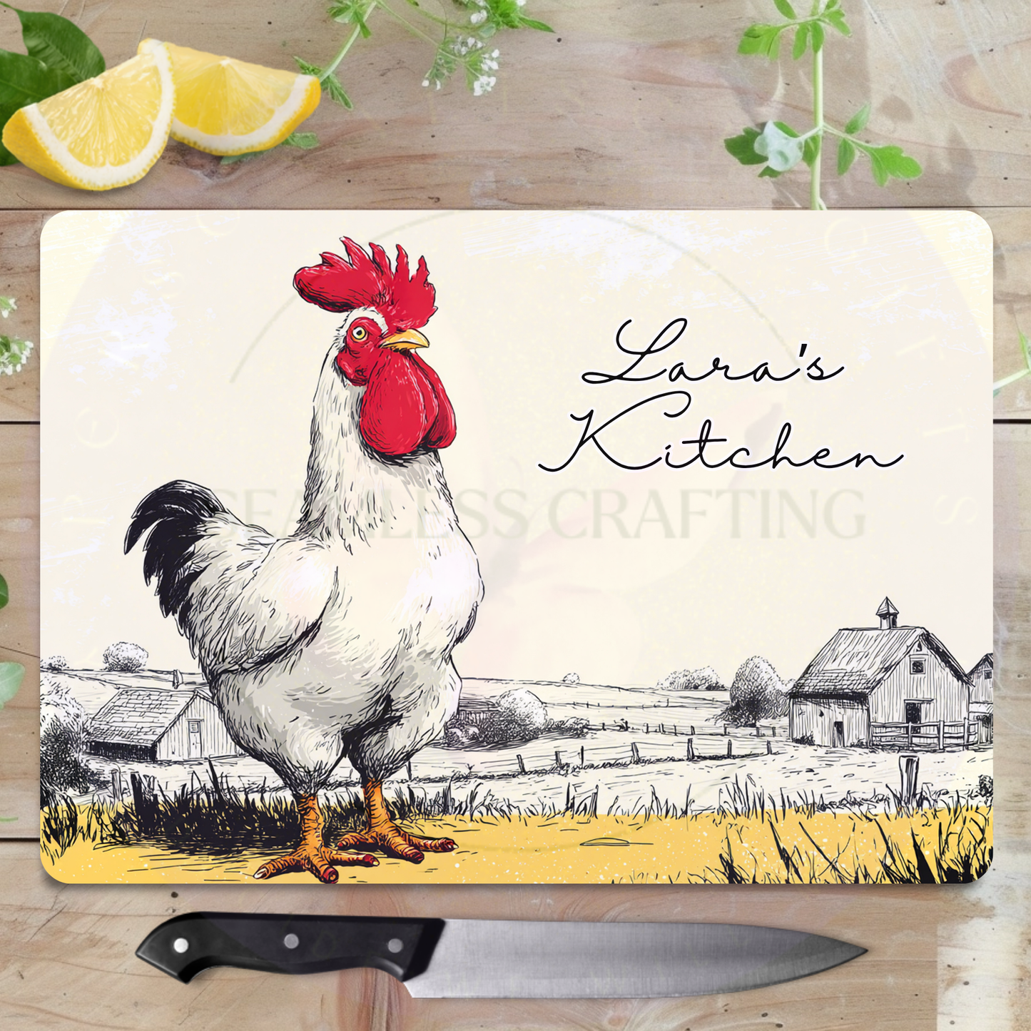 Personalised Chicken Glass Chopping Board – Farmhouse Kitchen Decor, Custom Name Worktop Saver Gift