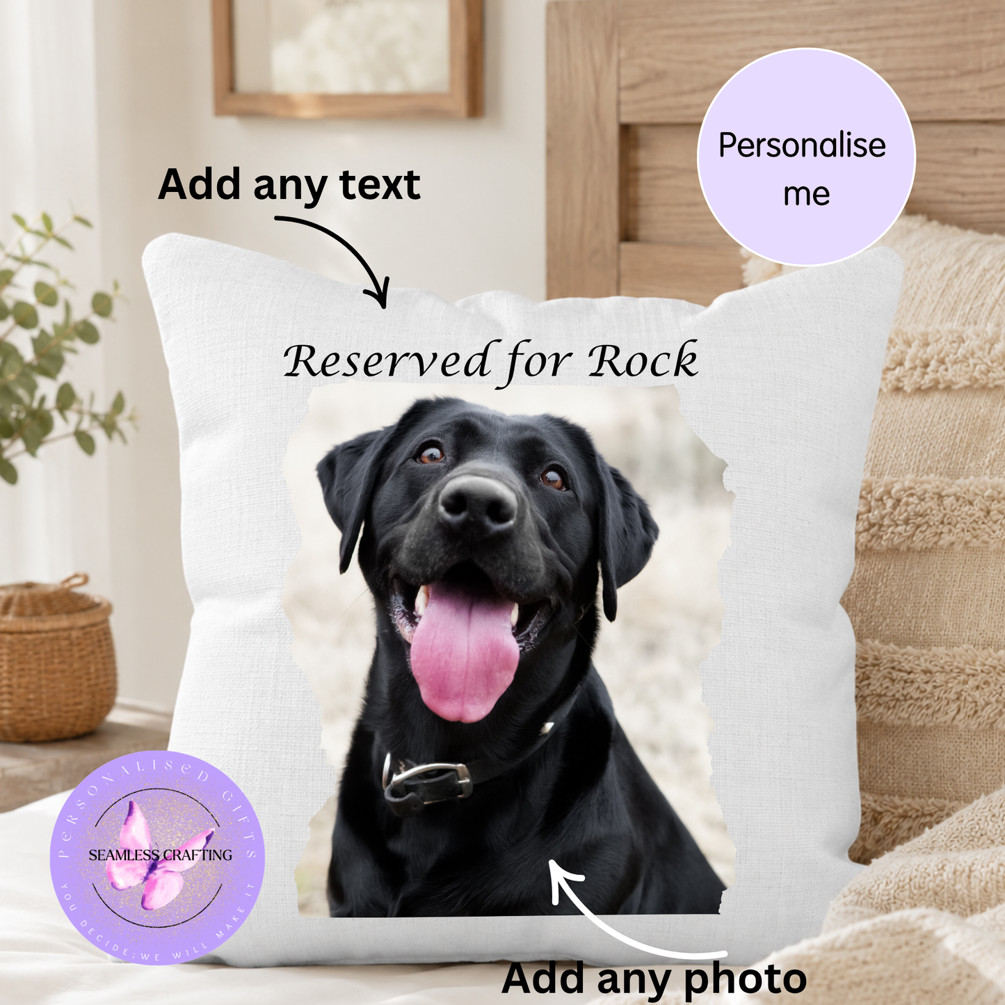 ersonalised pet photo cushion with dog picture and custom name on white linen style cover